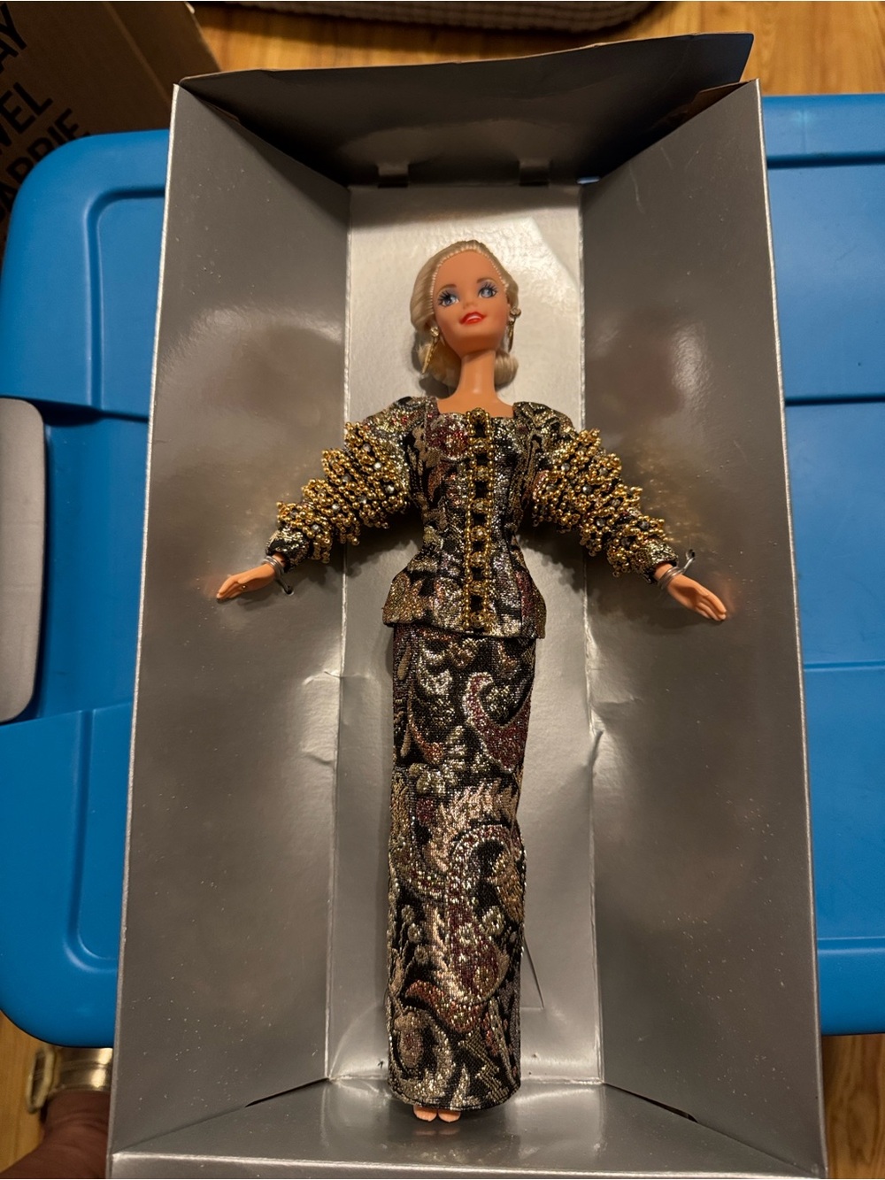 Barbie Black Gold Pink Beaded Sleeve Evening Gown